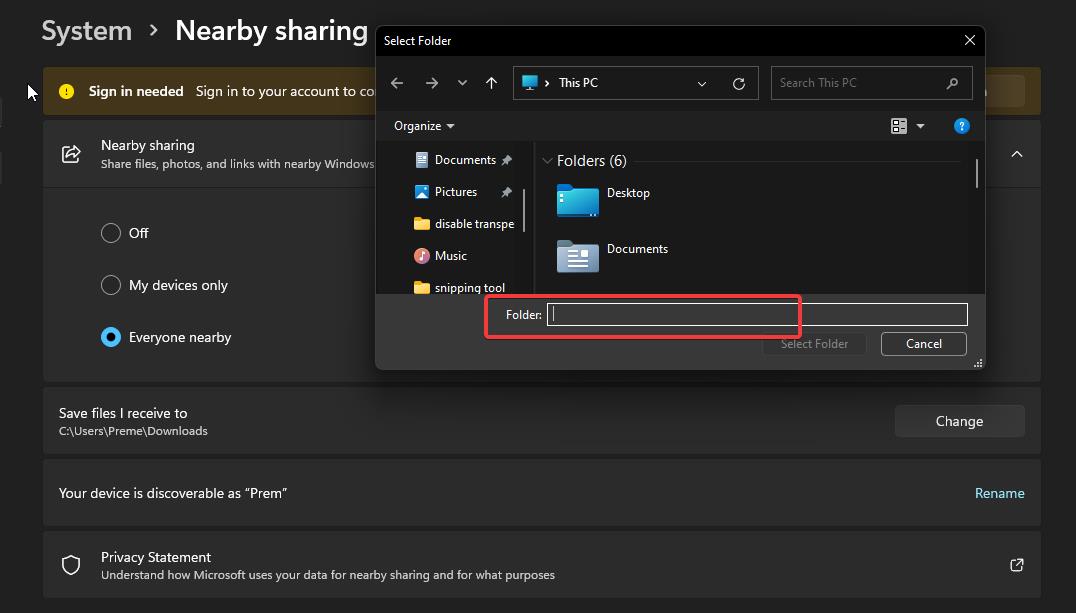 change Nearby Sharing Default Save Location using windows settings
