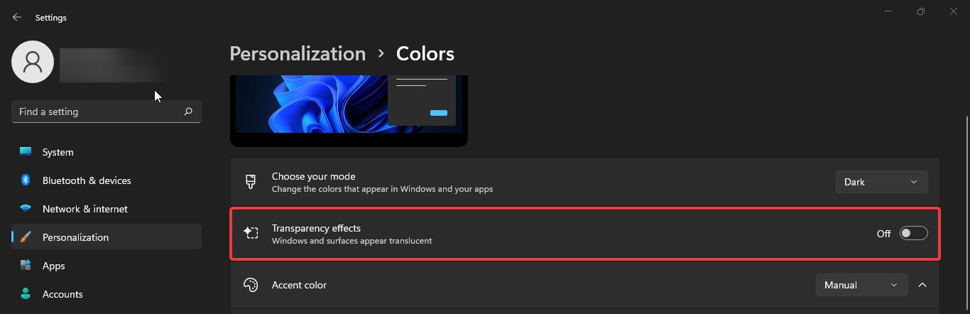 Disable Transparency effects in Windows 11 using Personalization