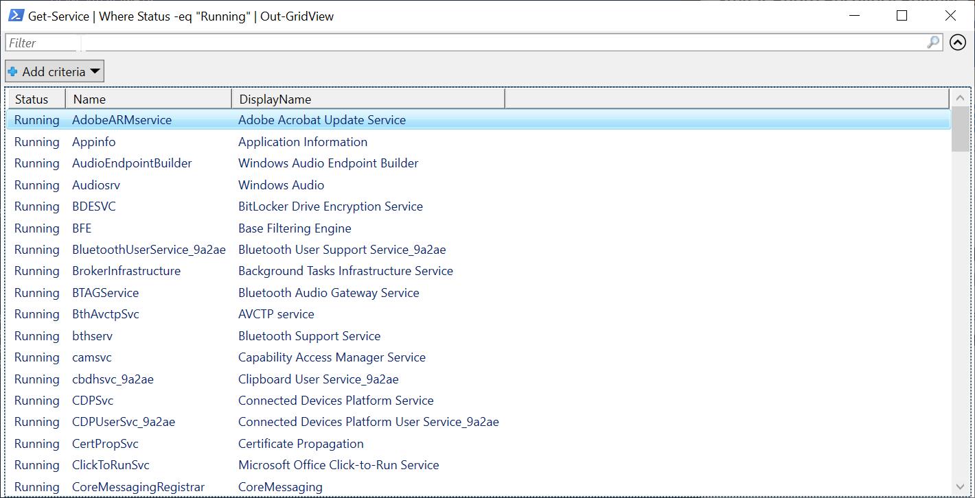 grid view of running Windows Services list using PowerShell