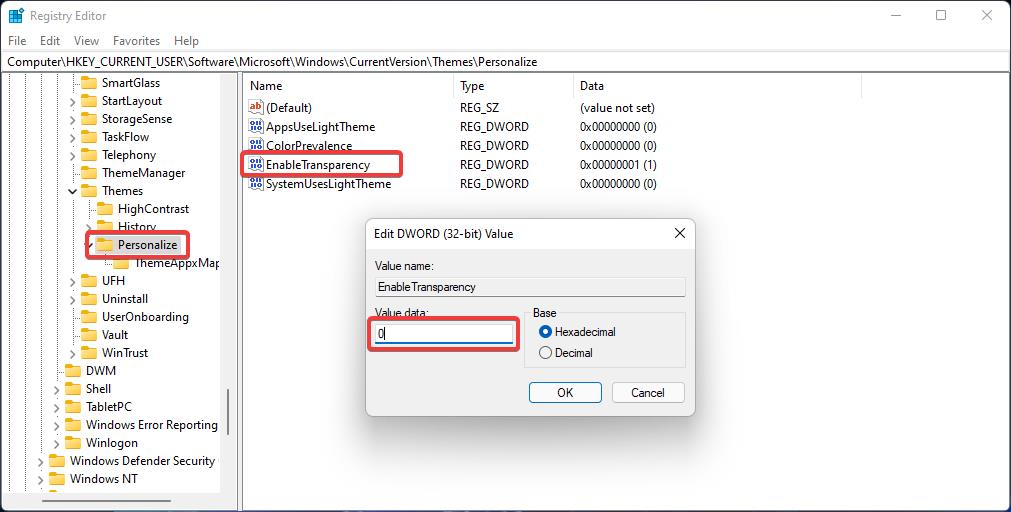 Disable Transparency effects in Windows 11 using Registry editor