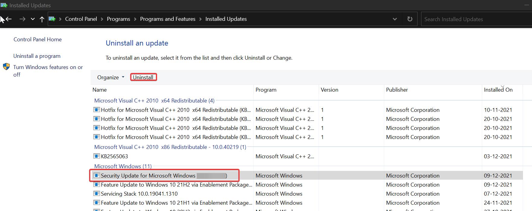 Uninstall Windows Updates in Windows 11 control panel