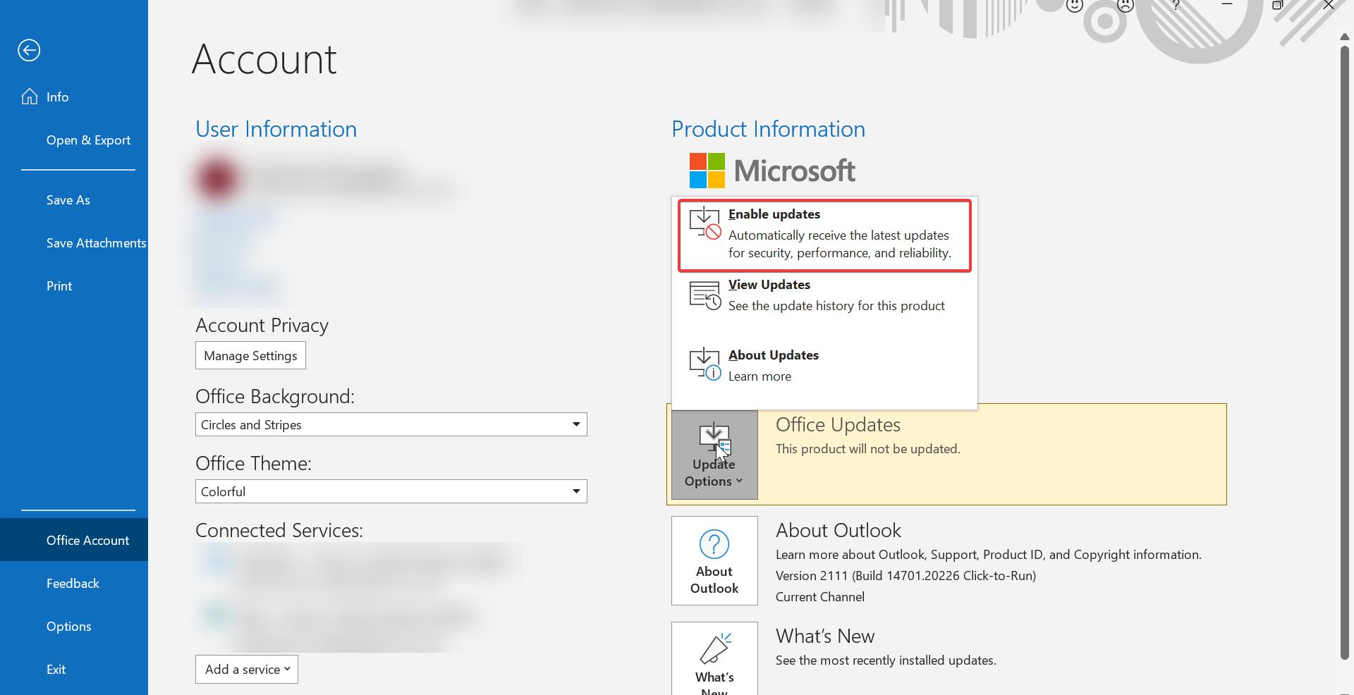 Enable Automatic MS Office Updates using update options