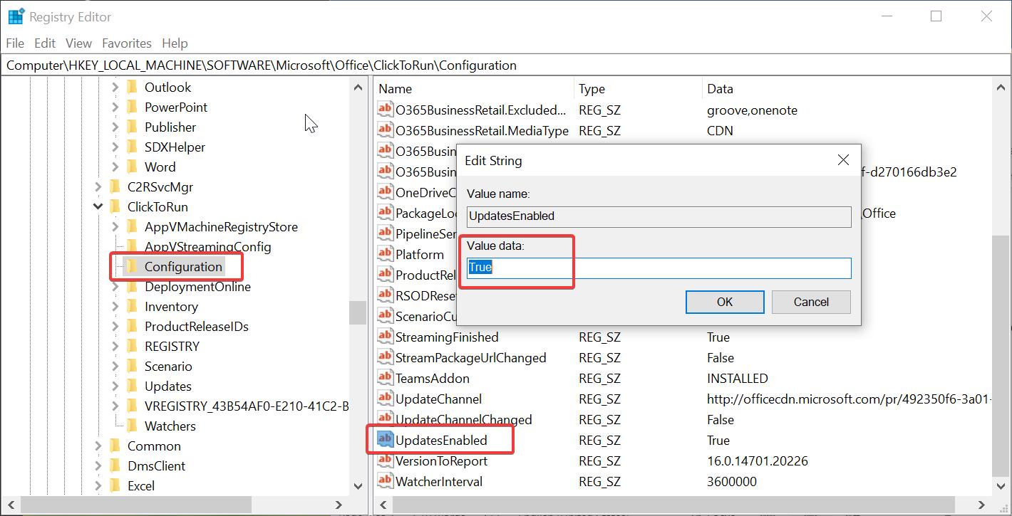 Enable Automatic MS Office Updates using registry for office 365