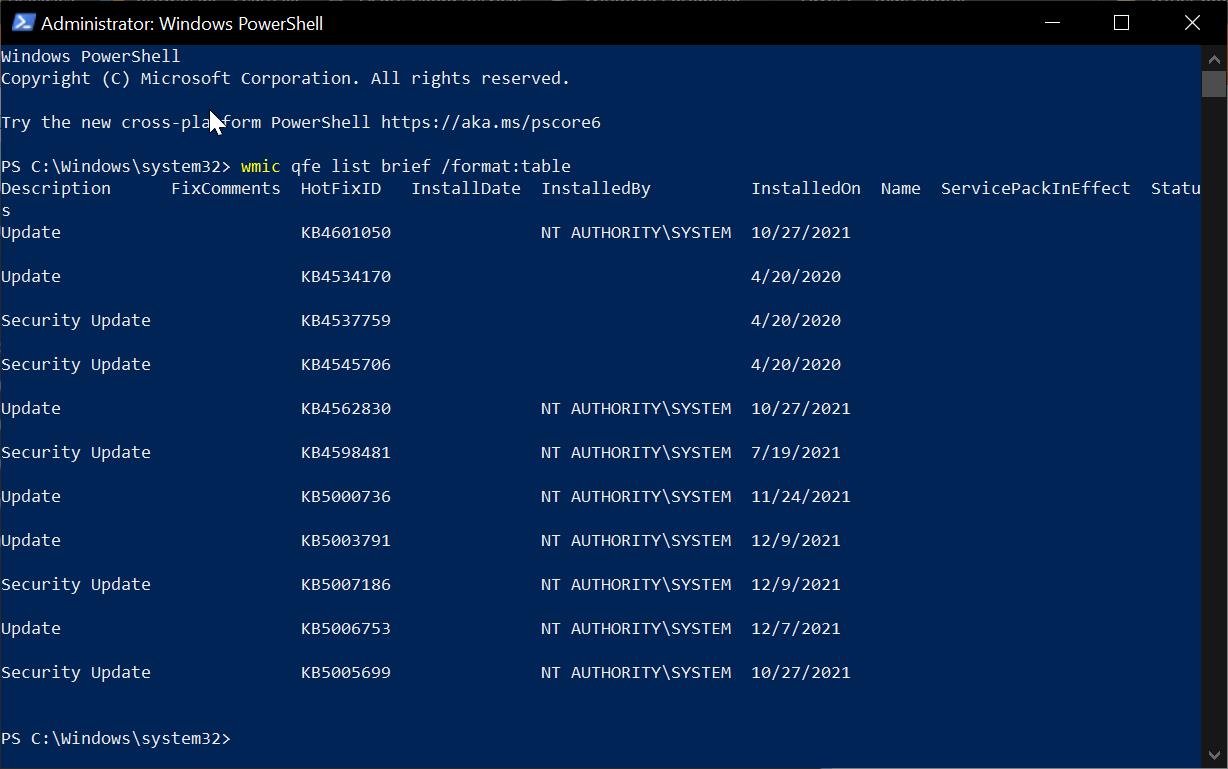 list installed updates using powershell