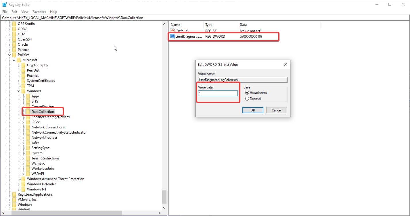 Limit Diagnostic Data Collection using Registry editor