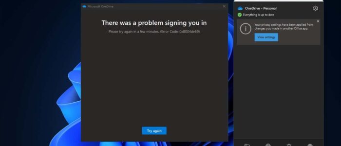 OneDrive Sign in error 0x8004de69