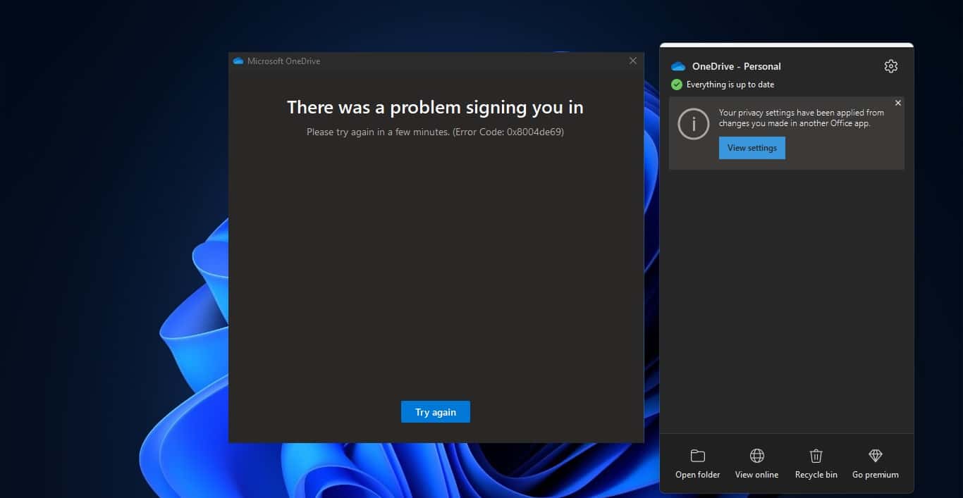 OneDrive Sign in error 0x8004de69