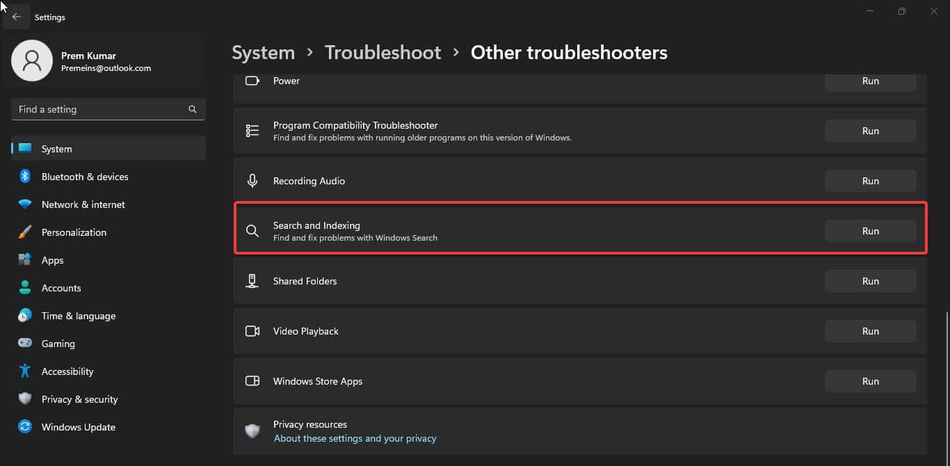 Run search troubleshooter