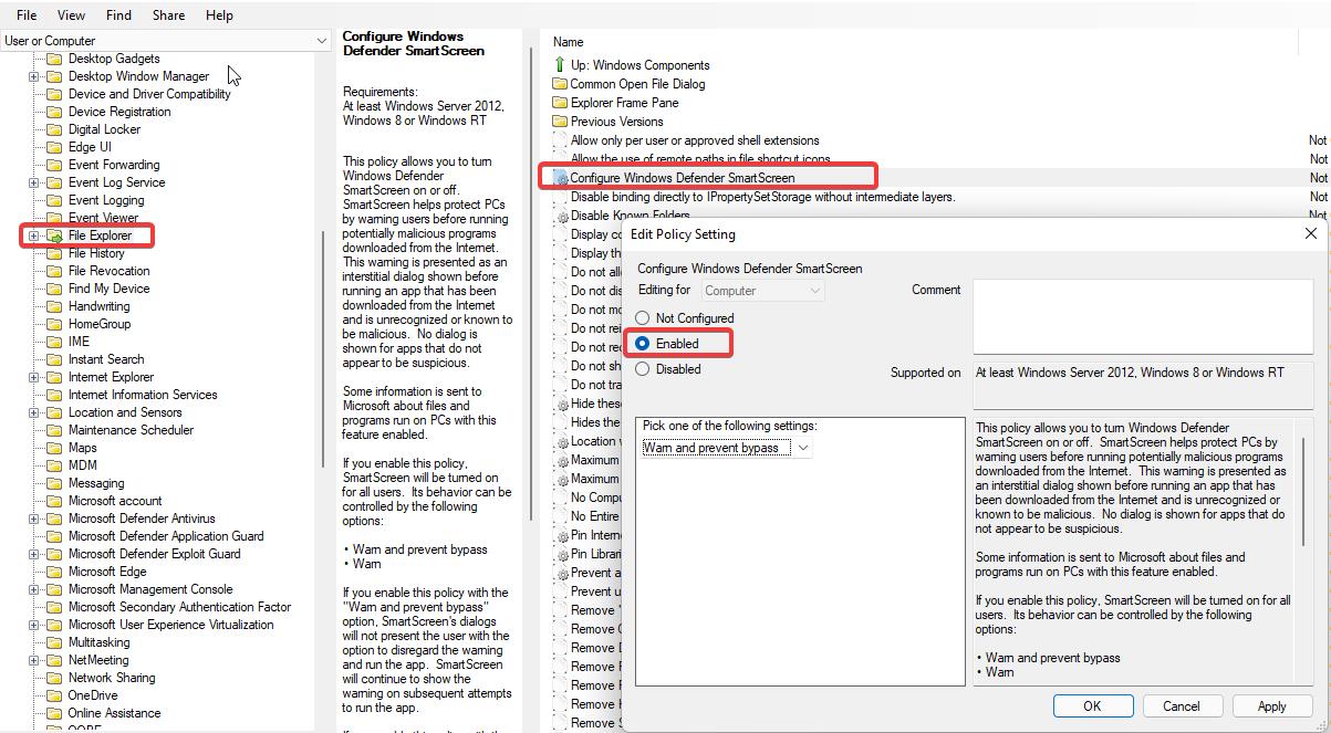 disable Defender Smart Screen using Group Policy Editor