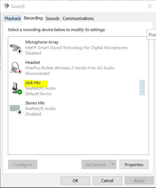 Jack Mic enabled Disable Intel Microphone array
