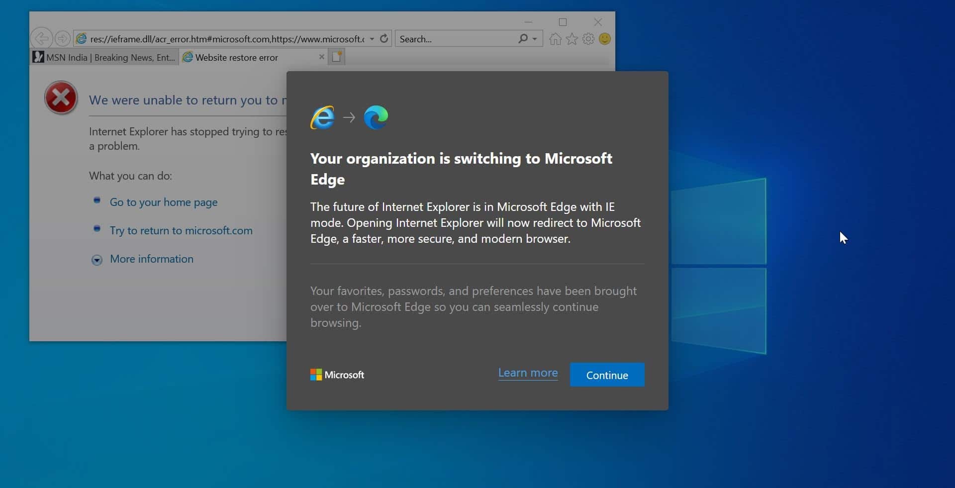 Internet Explorer redirects to Edge