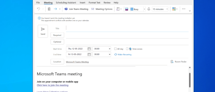 Unable to create custom meetings in Outlook