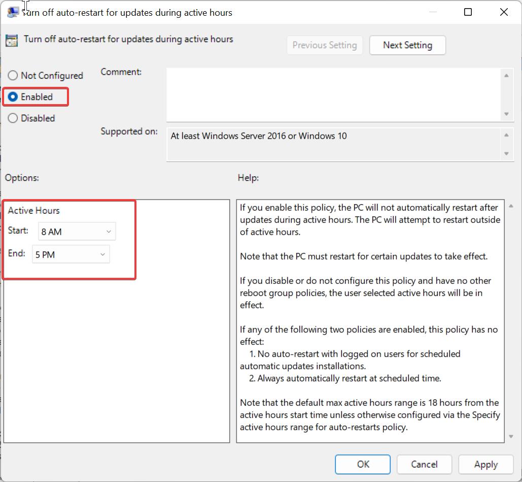 Set active hours using group policy editor