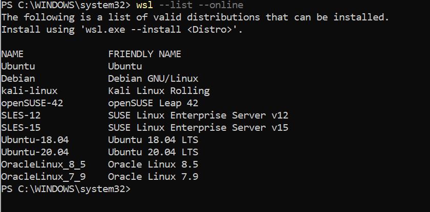 install wsl2-list of available linux distros
