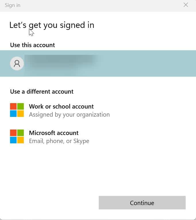 Choose Microsoft account to Join Windows Insider Program