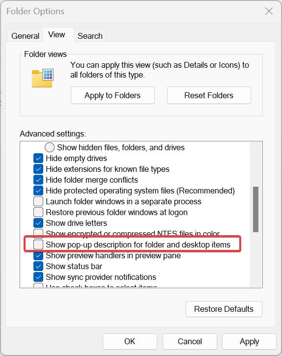 Disable pop-up Description for folders using folder options