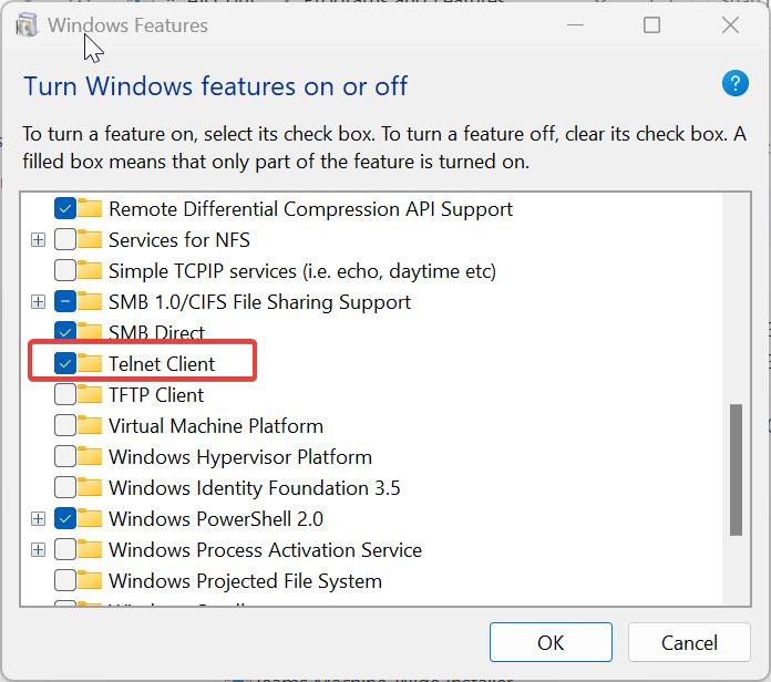 Enable Telnet in Windows 11 using Windows features
