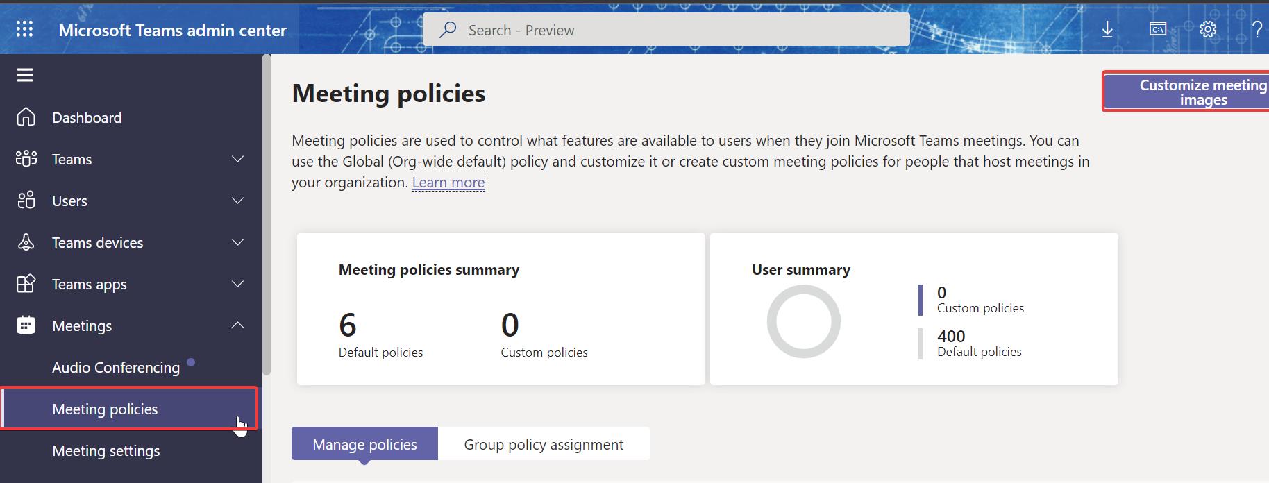 Meeting policies teams admin center