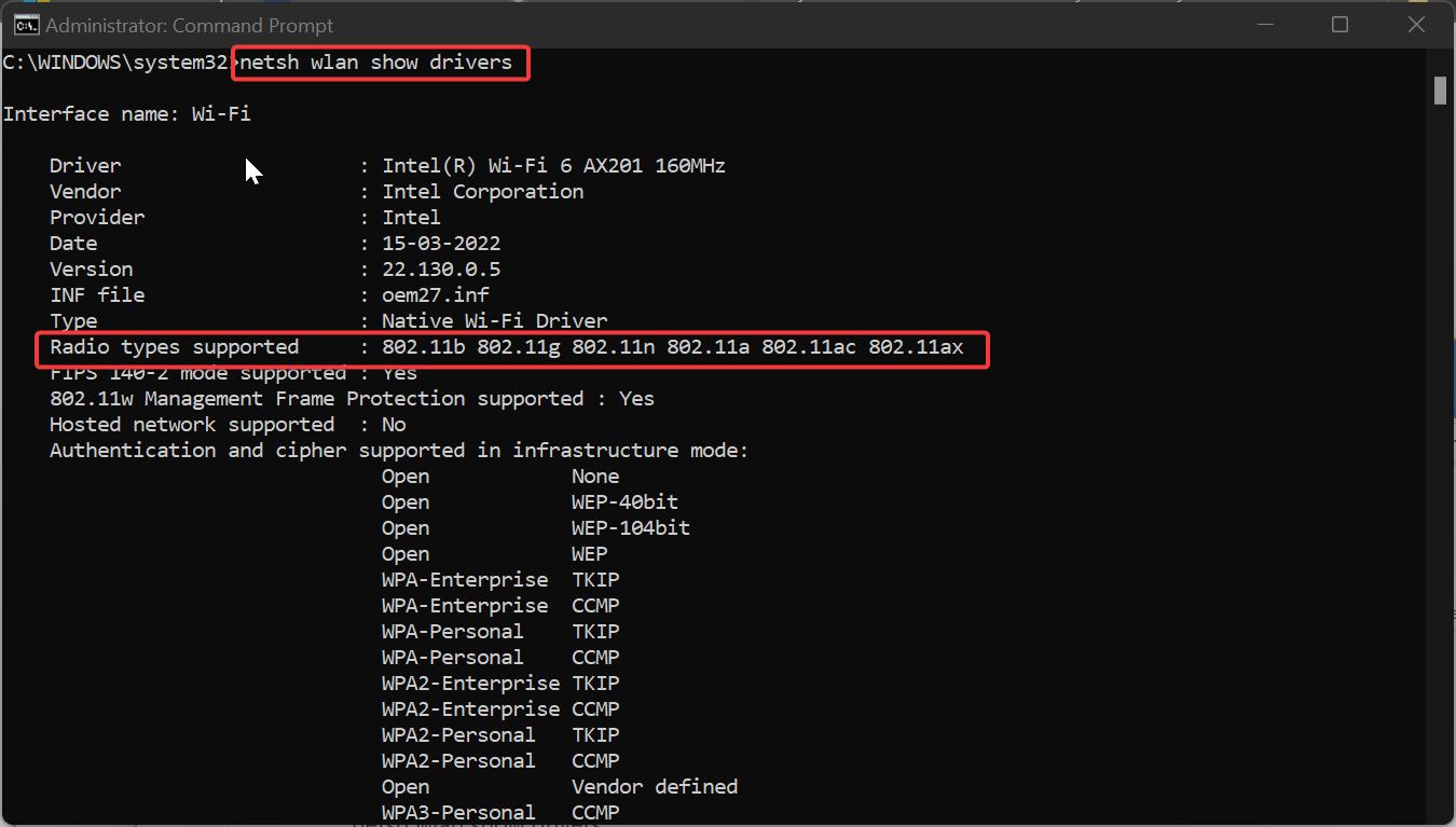 check if PC supports Wi-Fi 6 using command Prompt