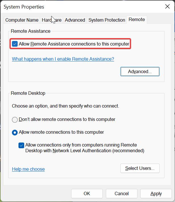 Enable Remote Assistance Connections using system properties