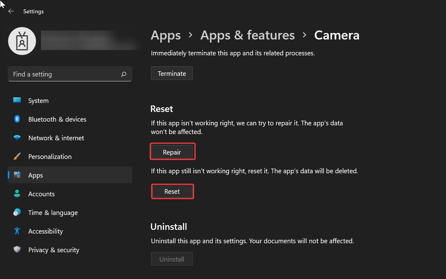 fix Camera Reserved by another app- Repair or reset camera