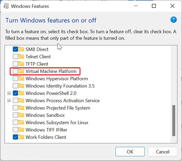 Turn off Virtual Machine Platform-Failed to open session
