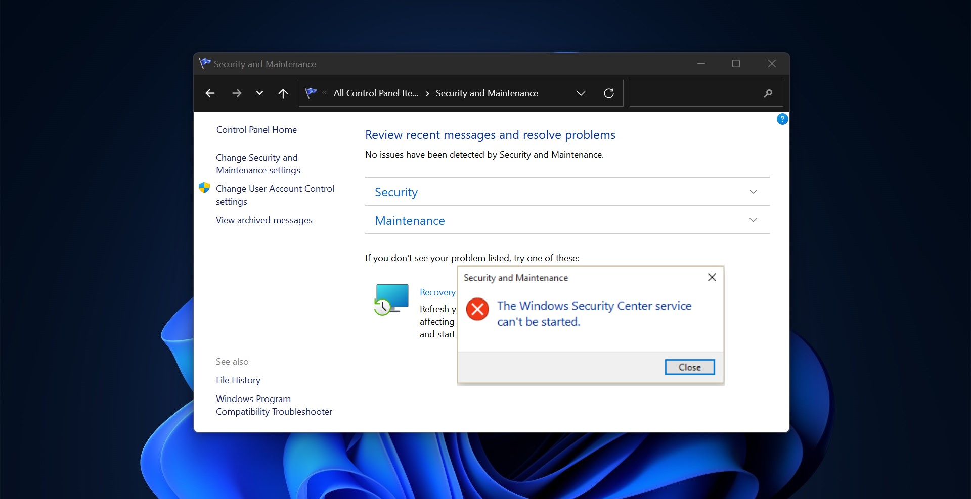 Windows Security Center Service can’t be started