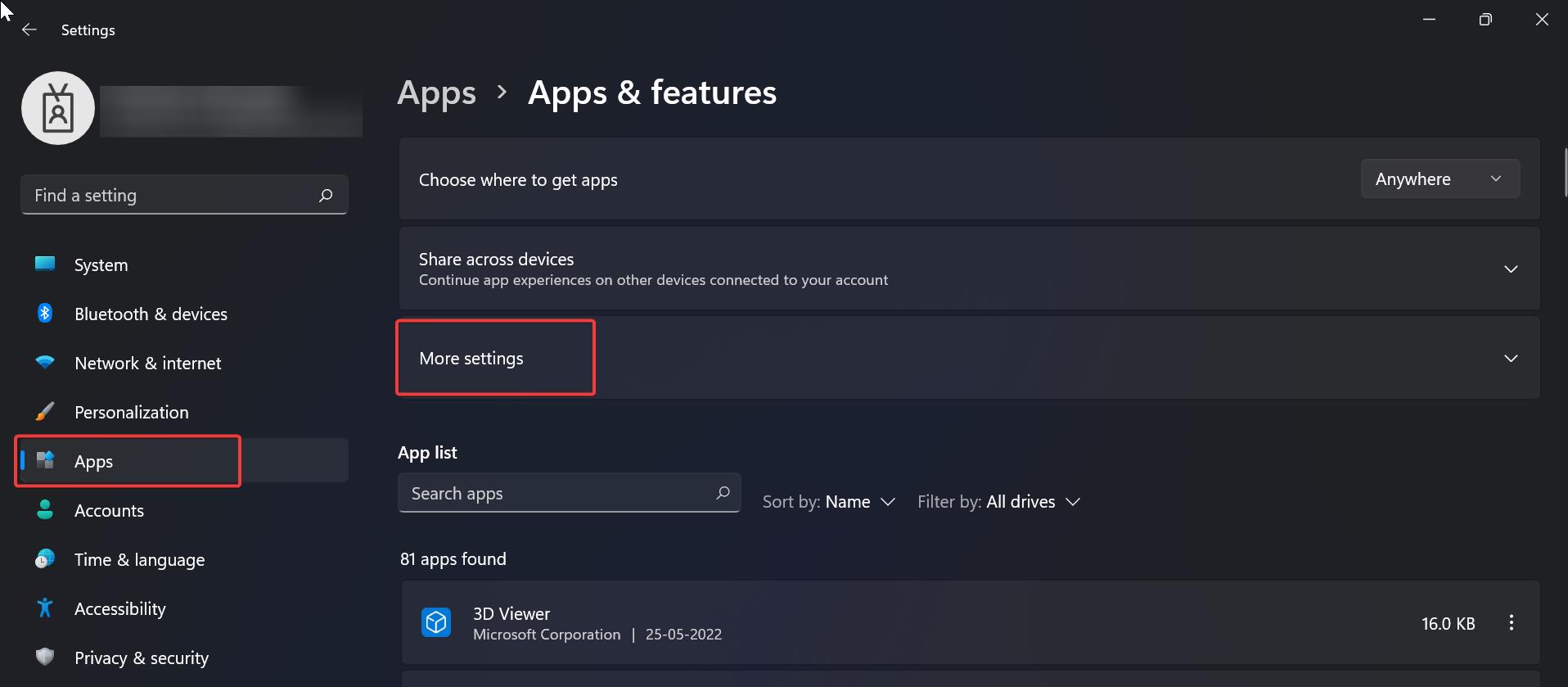 Apps & features more settings