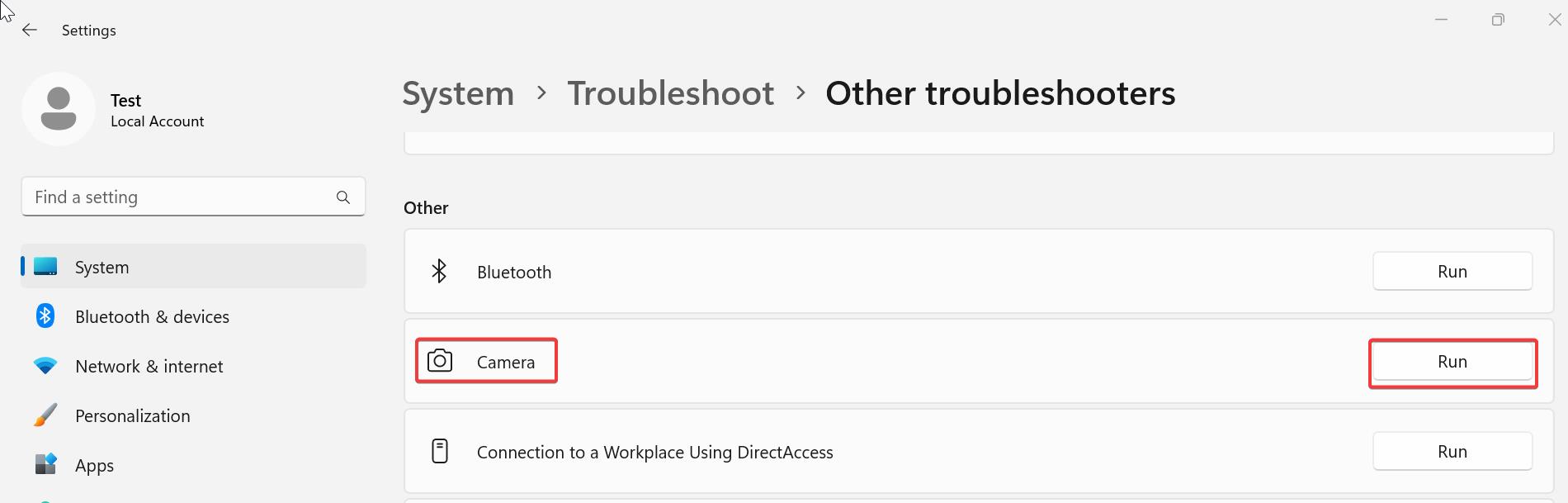 Run camera troubleshooter-Can’t start your camera error