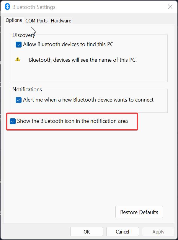 Show Bluetooth icon on Taskbar