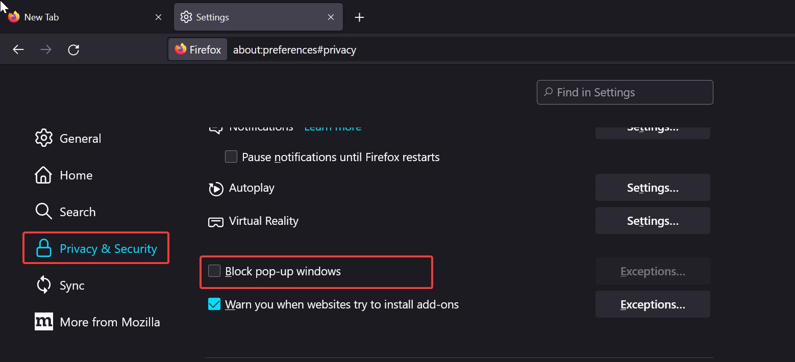 Disable Pop-up blocker on Firefox