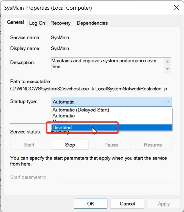 Disable Superfetch using services console
