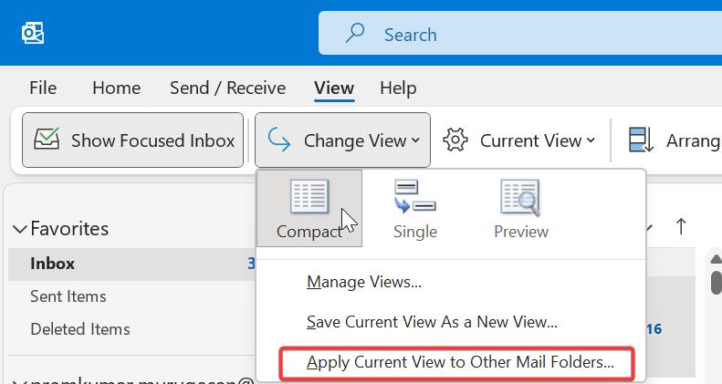Reset Outlook View settings-Apply current view to other mails folder