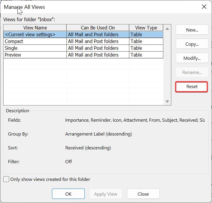 Reset Outlook View settings-manage all views