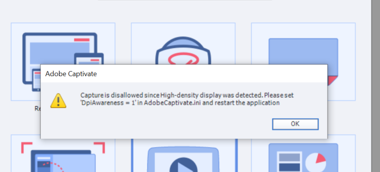Fix Capture is disallowed High-density display was detected in Captivate