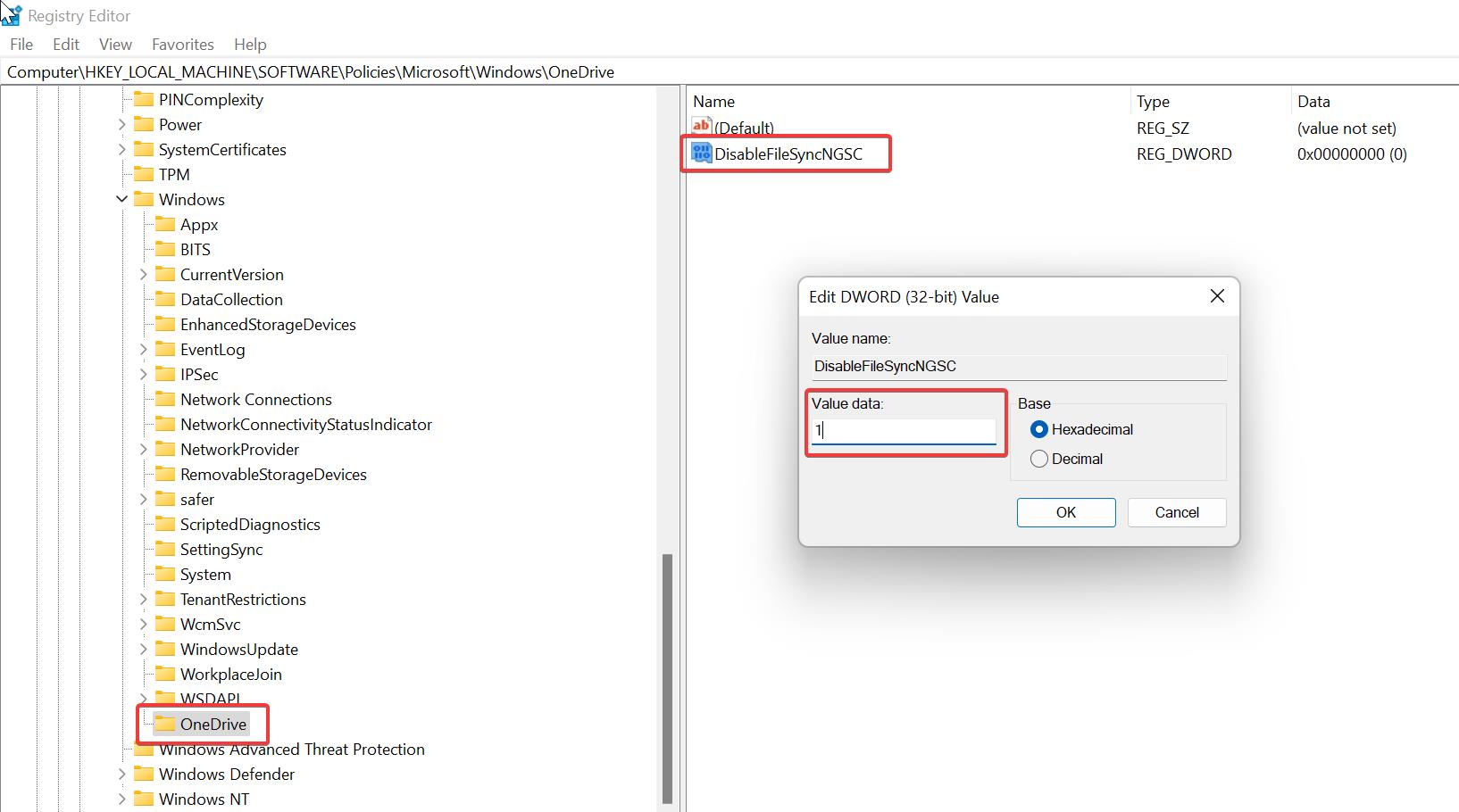 Disable OneDrive using registry
