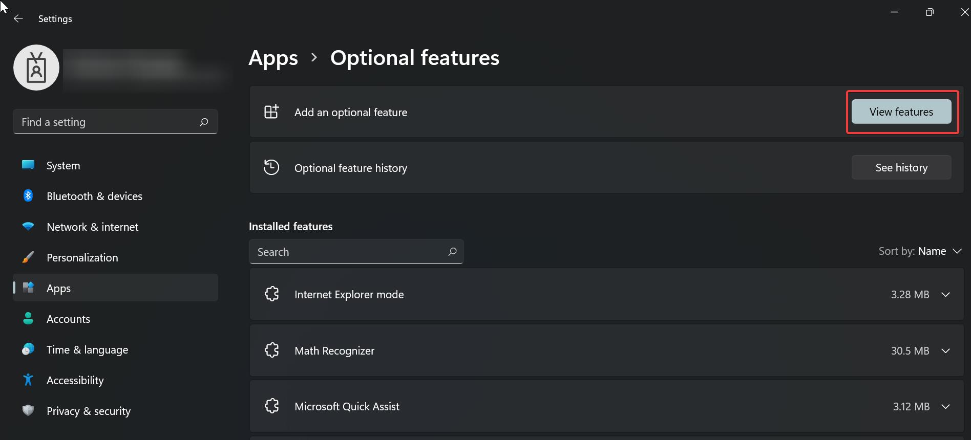 Optional features View features