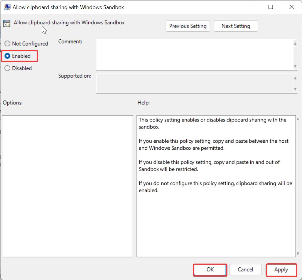 Enable Clipboard Sharing with Sandbox using Group Policy Editor