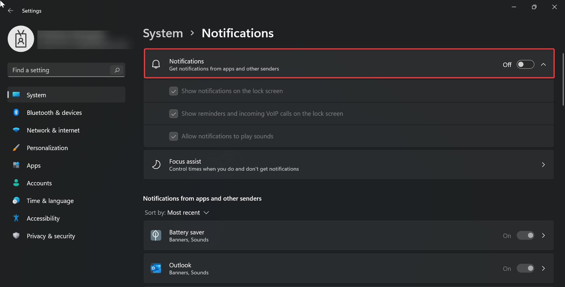 Block all Notifications in Windows 11 using System settings