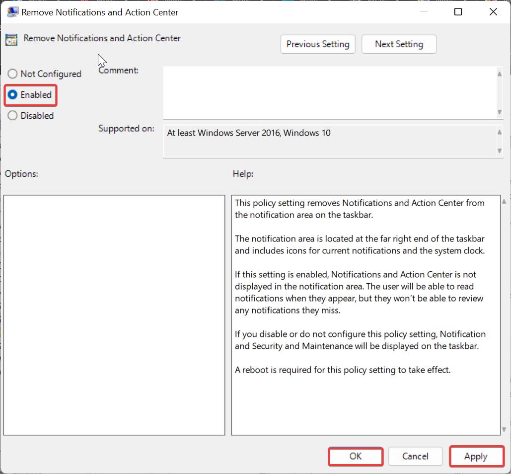 Disable Notification center using Group Policy Editor