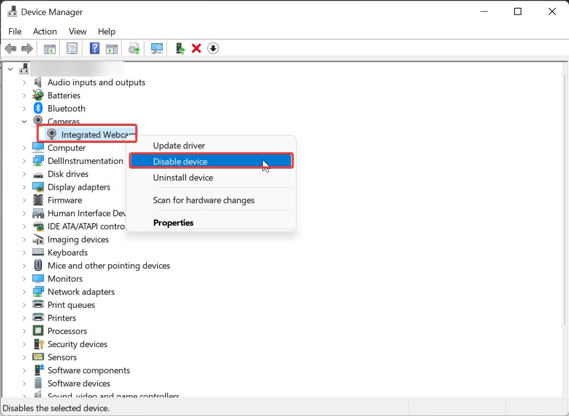 Disable Integrated Webcam using Device manager