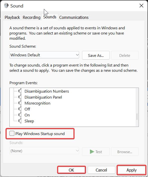 Disable Startup sound using sound settings