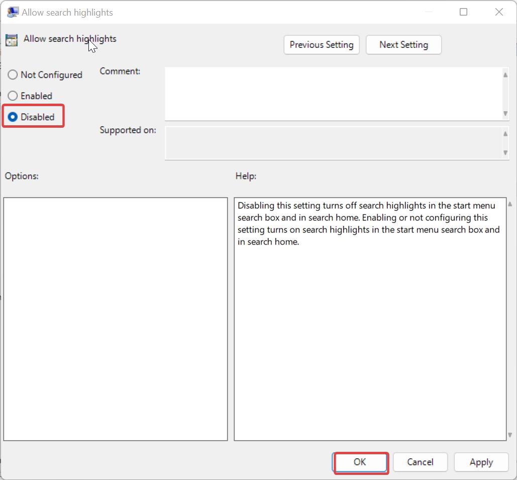 Disable Search Highlights using Group Policy Editor