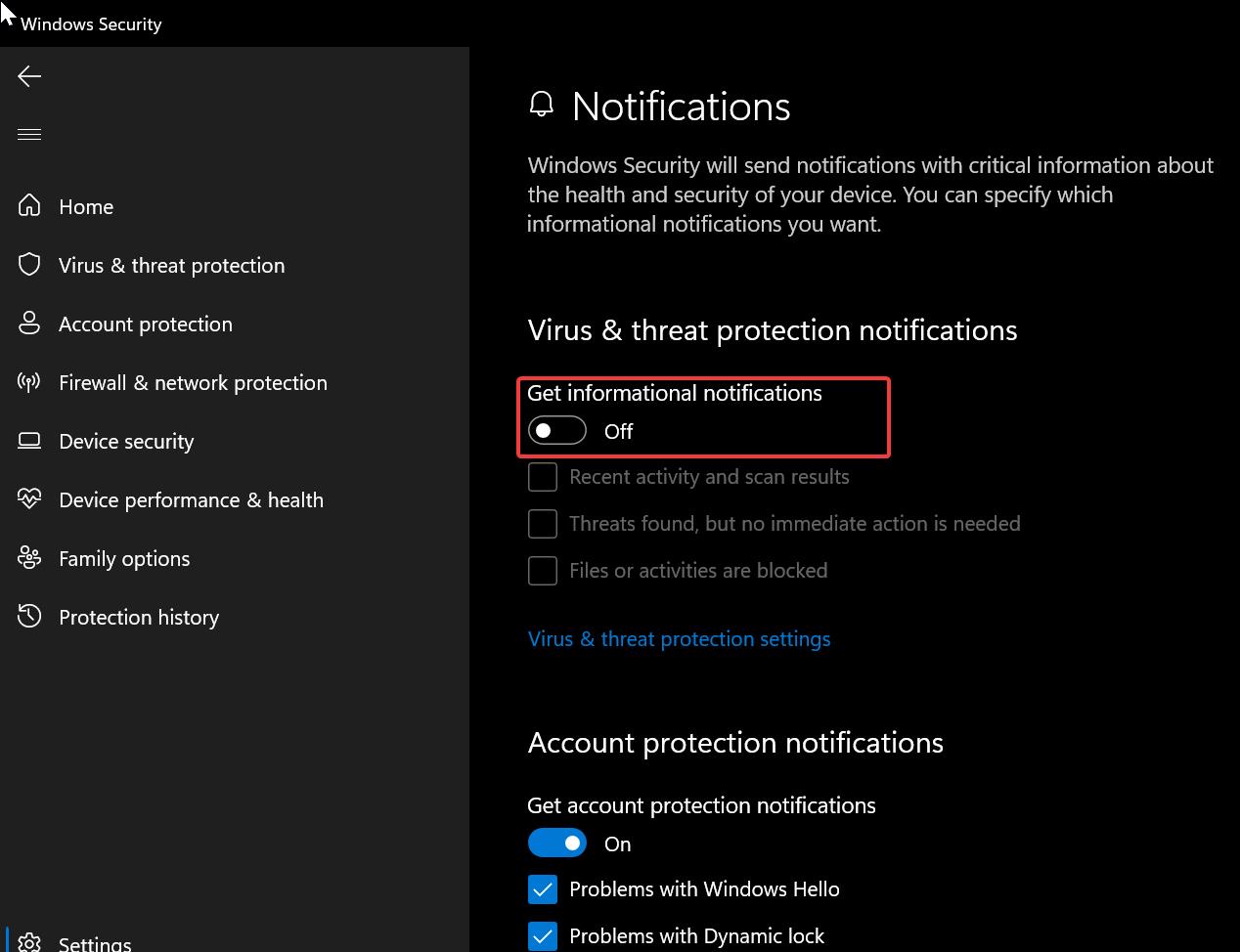 Disable Non-critical notifications using settings