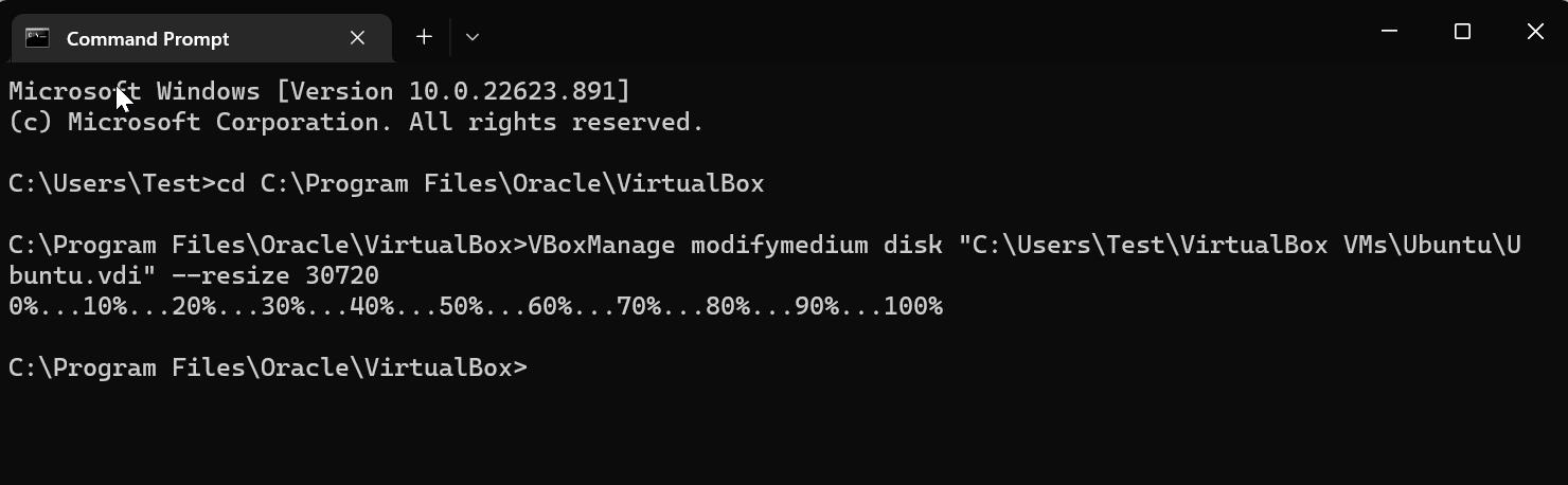 Increase the Disk size in VM using command prompt