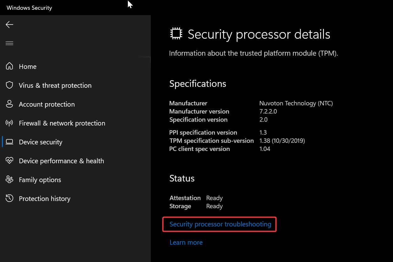 Security processor troubleshooting