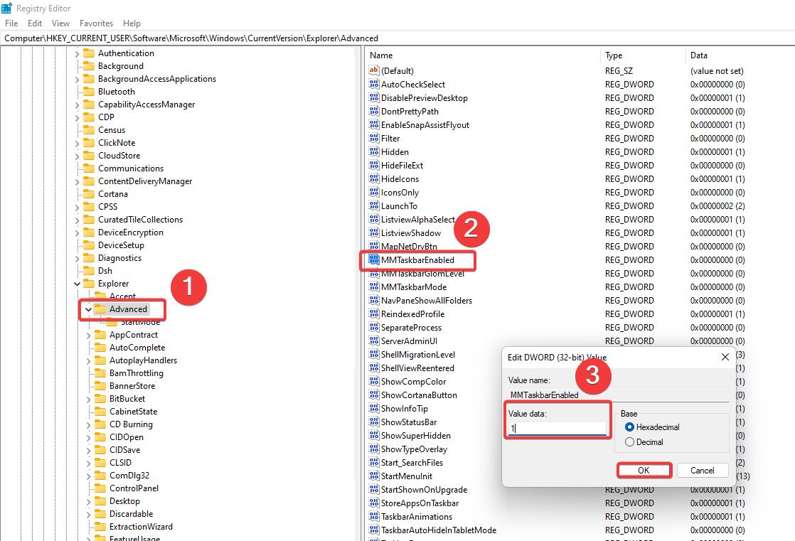 enable Taskbar on dual monitors in Windows 11 using regedit