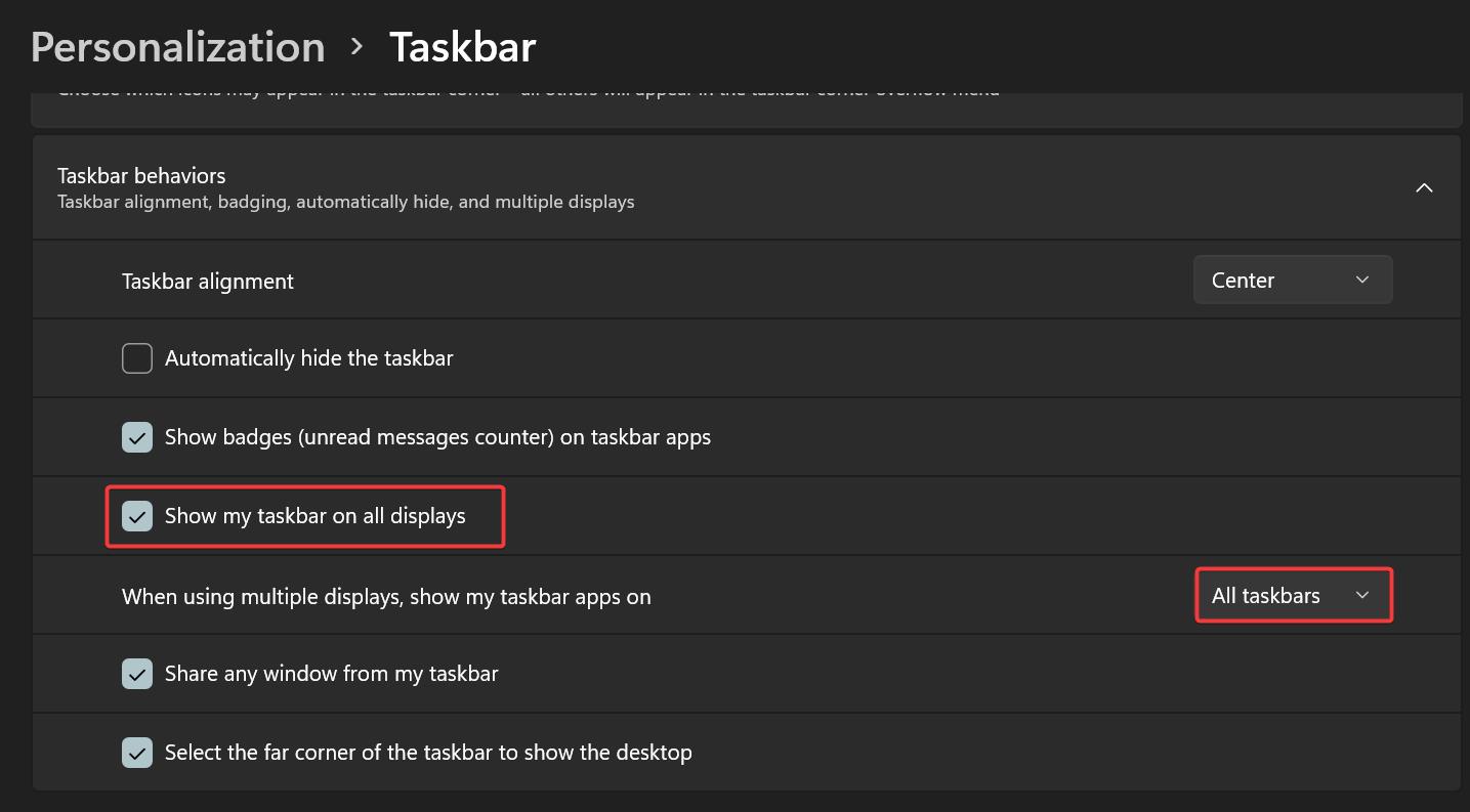 enable Taskbar on dual monitors in Windows 11 using windows settings