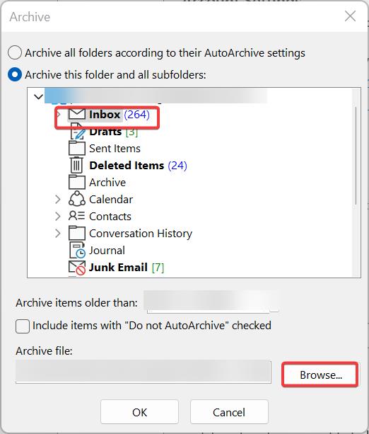 Fix Outlook Data File Maximum Size limit-archive this folder