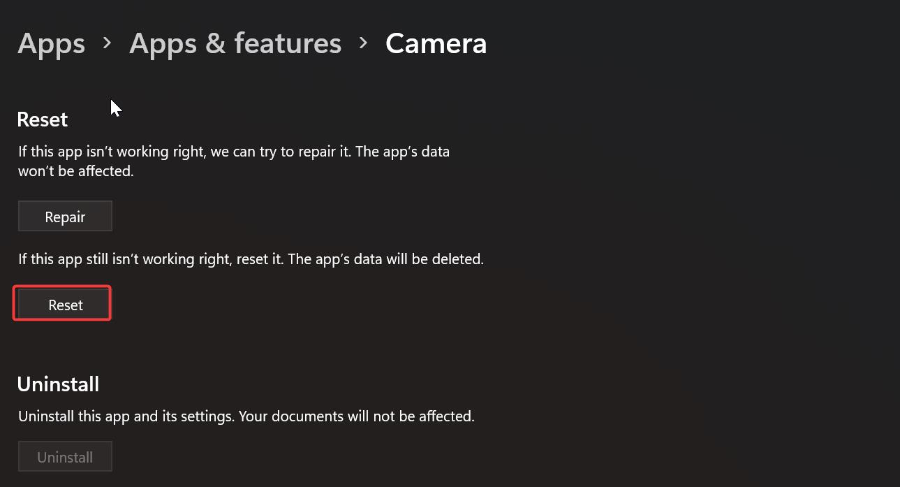 Reset camera app-Can’t start your camera error